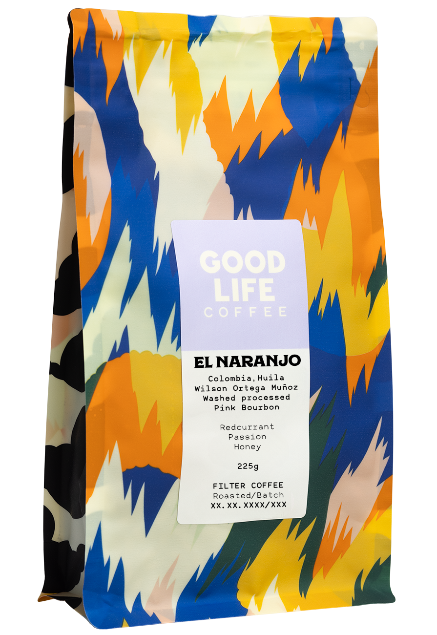 El Naranjo -suodatinkahvipussi. Kolumbian Huilasta Wilson Ortega Munozin tuottama pesty Pink Bourbon -lajikkeen kahvi.