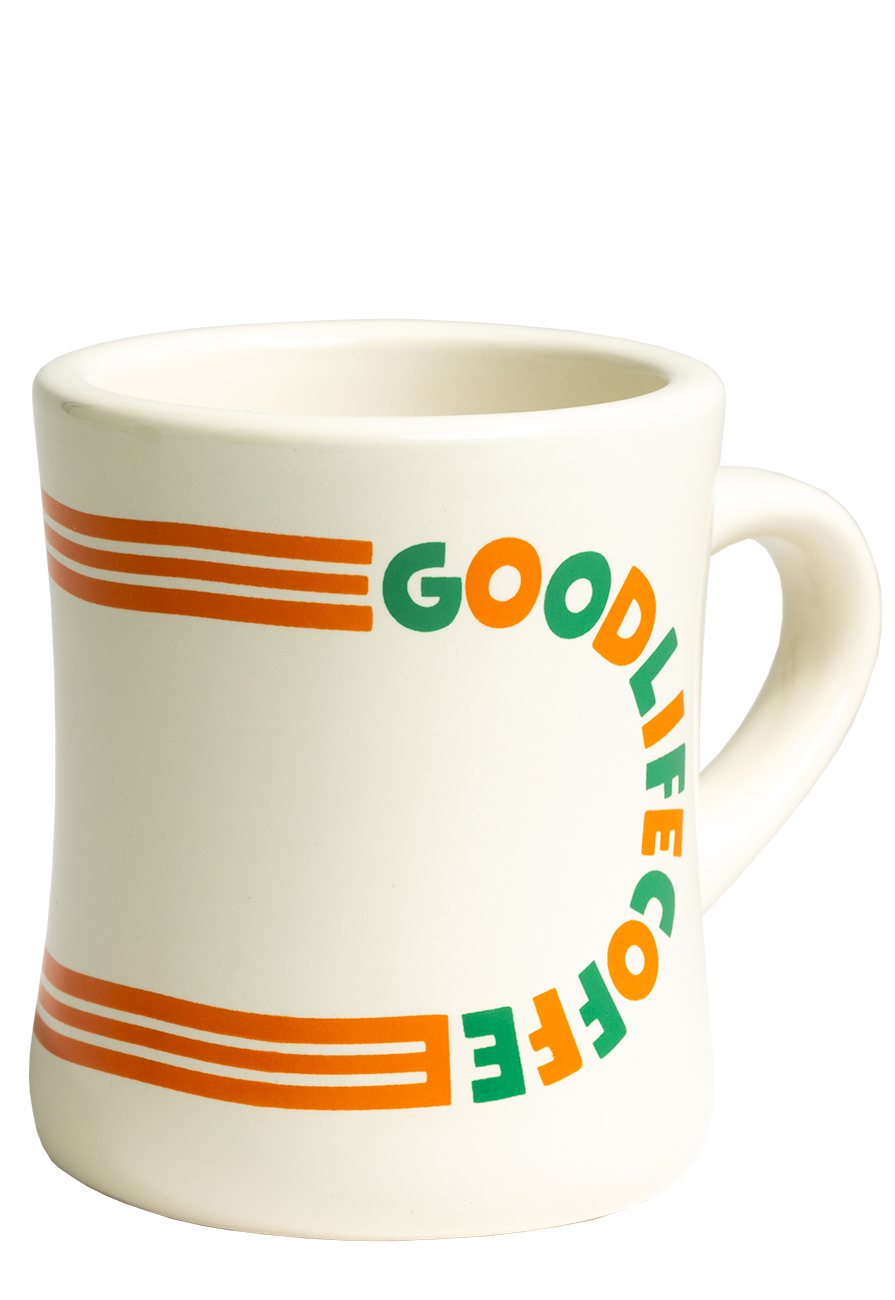 Good Lie Coffee - muki. Vaalea diner-muki jossa Good Life Coffee teksti
