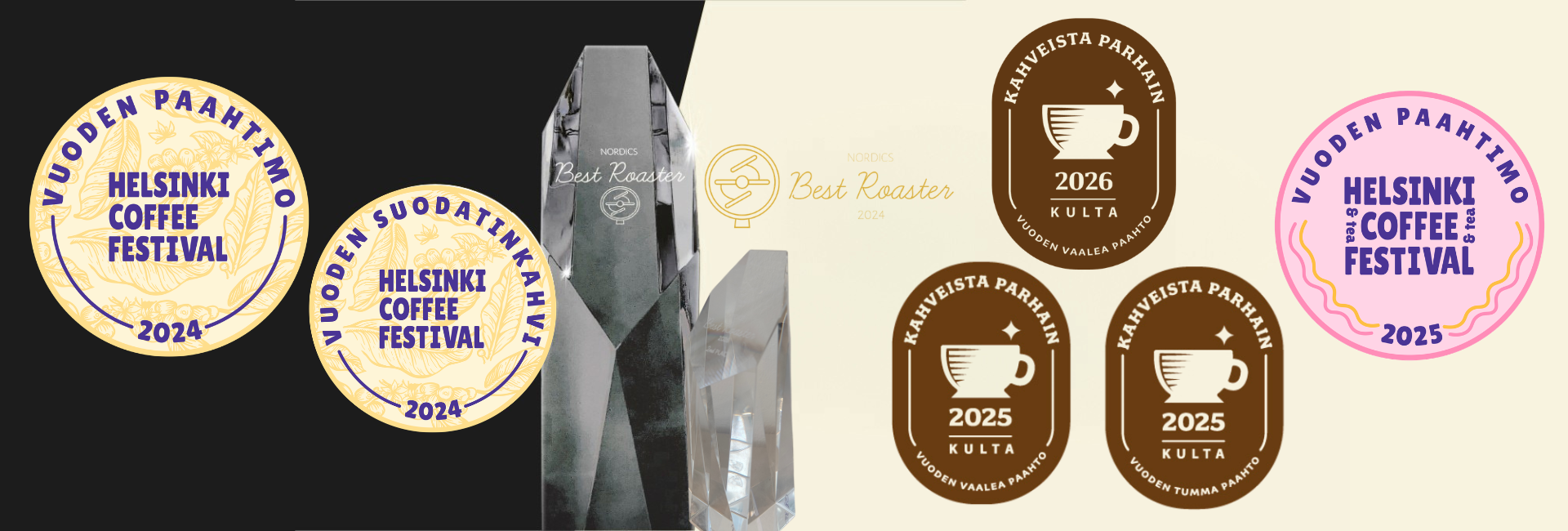GLC:n voittamia palkintoja viime vuosilta. Helsinki coffee festival, Kahveista parhaina sekä Nordics best roaster.